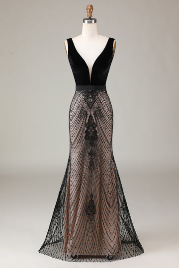 Mermaid Deep V Neck Black Long Prom Dress with Open Back